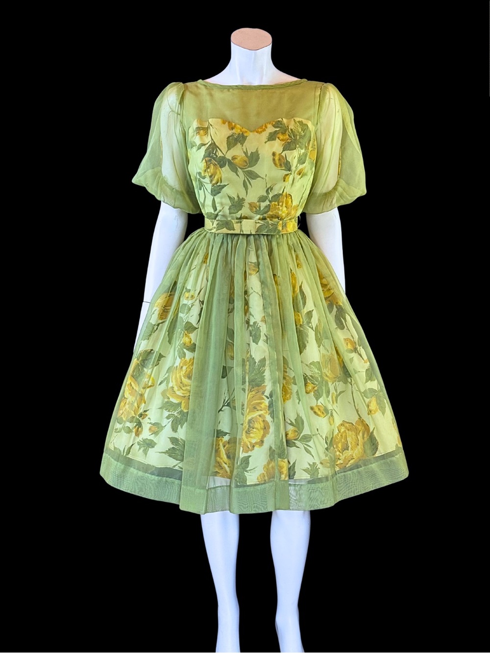 1950s Joyce Palmer Romantic Rose Floral Illusion Dress S